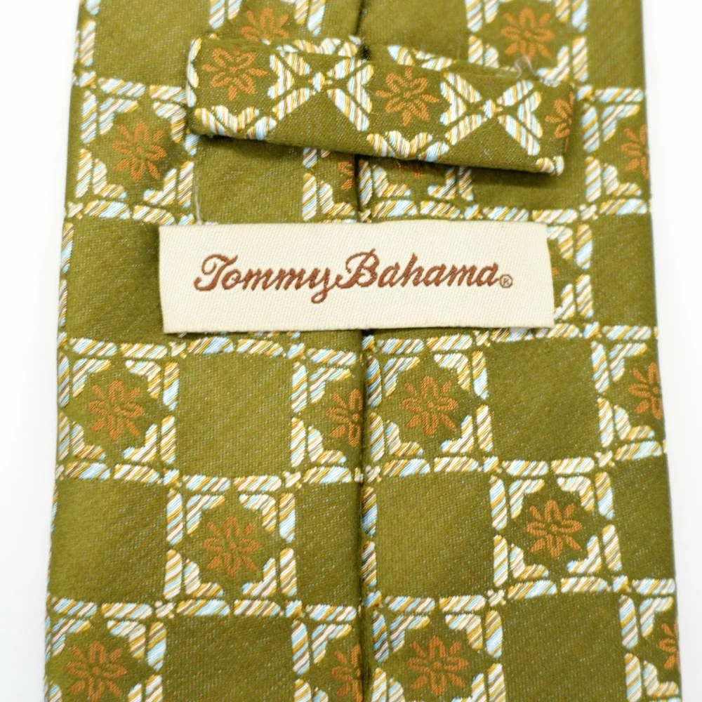 Tommy Bahama Green Brown Floral Check Hand Sewn Long‎ Wide Silk Tie